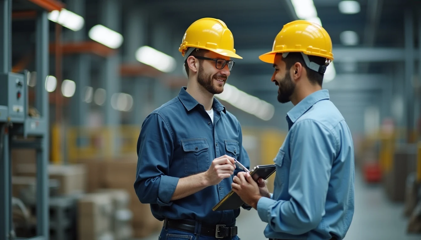 İş güvenliği uzmanı helmet ve clipboard ile endüstriyel tesis denetimi