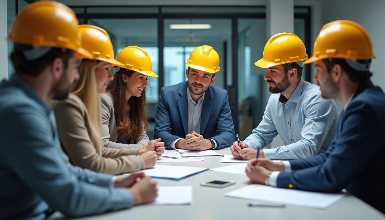 İş güvenliği uzmanları ofiste ekip toplantısı yaparken