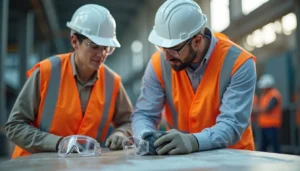 İnşaatta kişisel koruyucu donanım kullanan işçi, baret ve yelek